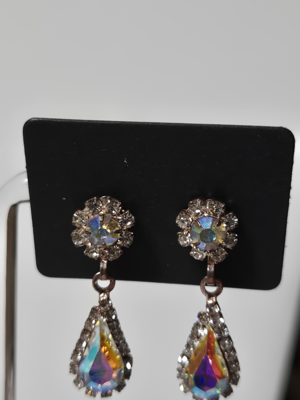 Vintage Iridescent AB Crystal Rainbow Color Teardrop Drop Earrings - Picture 10 of 14
